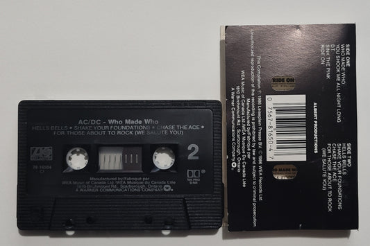 AC/DC - "Who Made Who (Maximum Overdrive Soundtrack)" - CASSETTE TAPE (Canada; black shell; DOLBY HX PRO B NR) VG/VG
