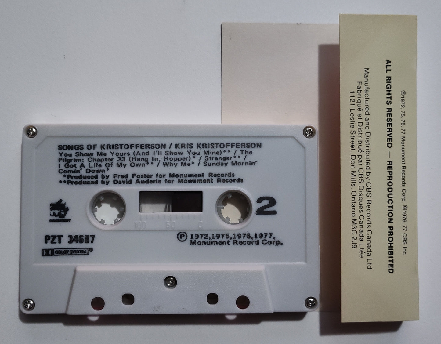 Kris Kristofferson - "Songs Of Kristofferson" - CASSETTE TAPE (Canada; DOLBY) VG+/VG+