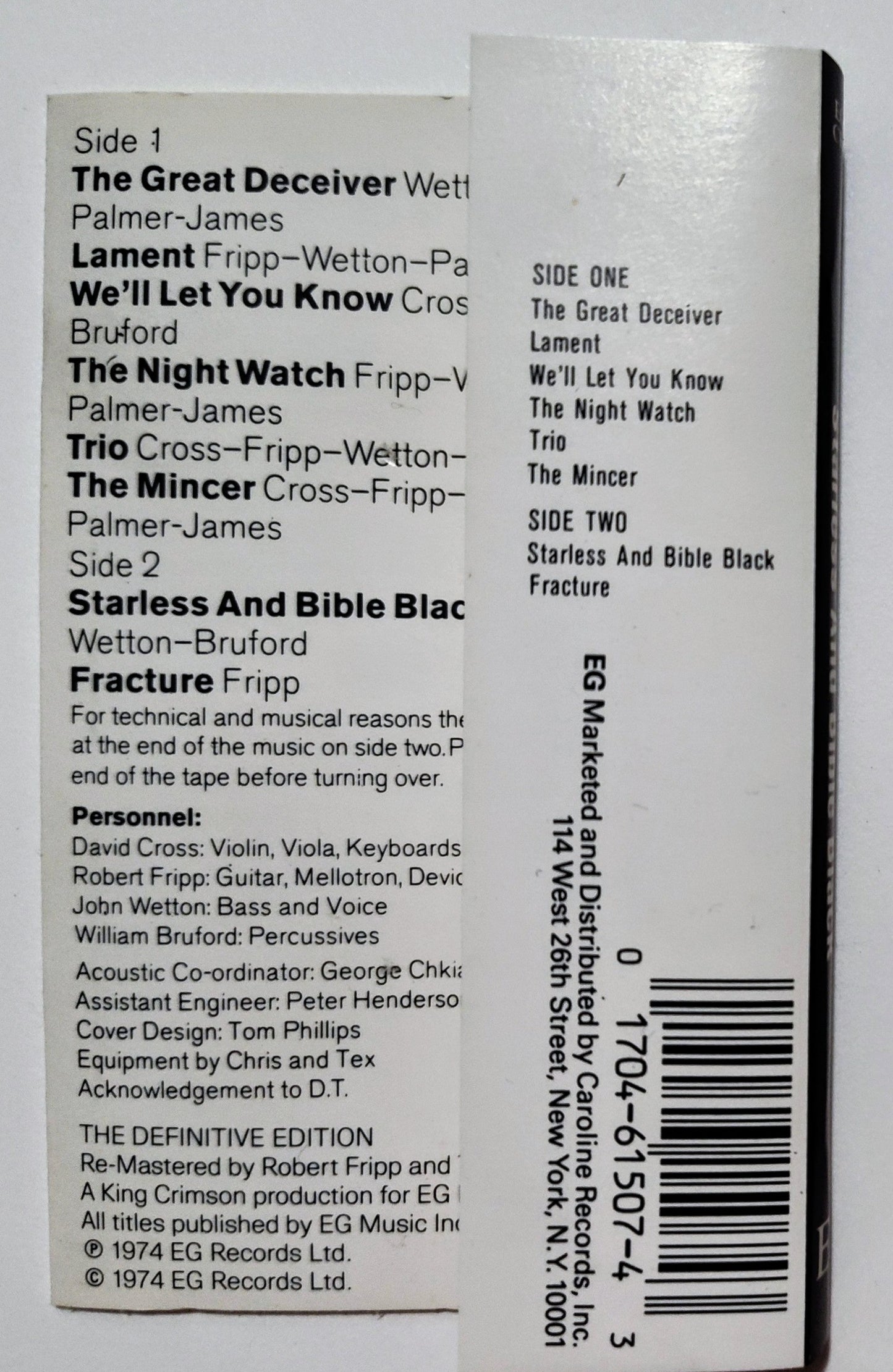 King Crimson - "Starless And Bible Black" - CASSETTE TAPE (Black shell; Chrome; DOLBY Stereo) VG+/VG+