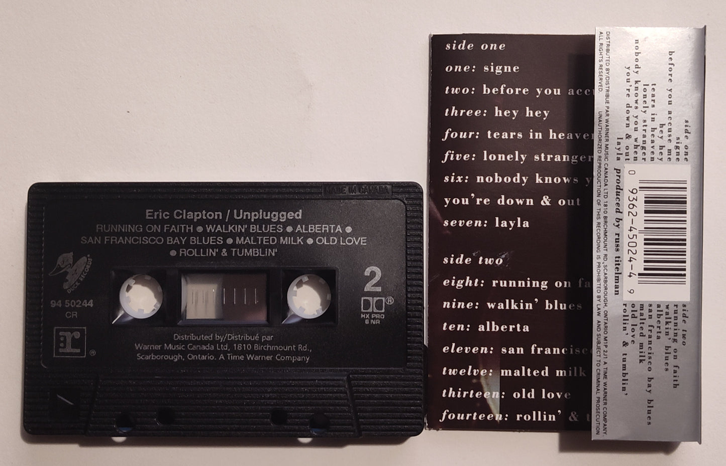 Eric Clapton - "MTV Unplugged" - CASSETTE TAPE (Canada; black shell; DOLBY HX PRO B NR) VG+/VG+
