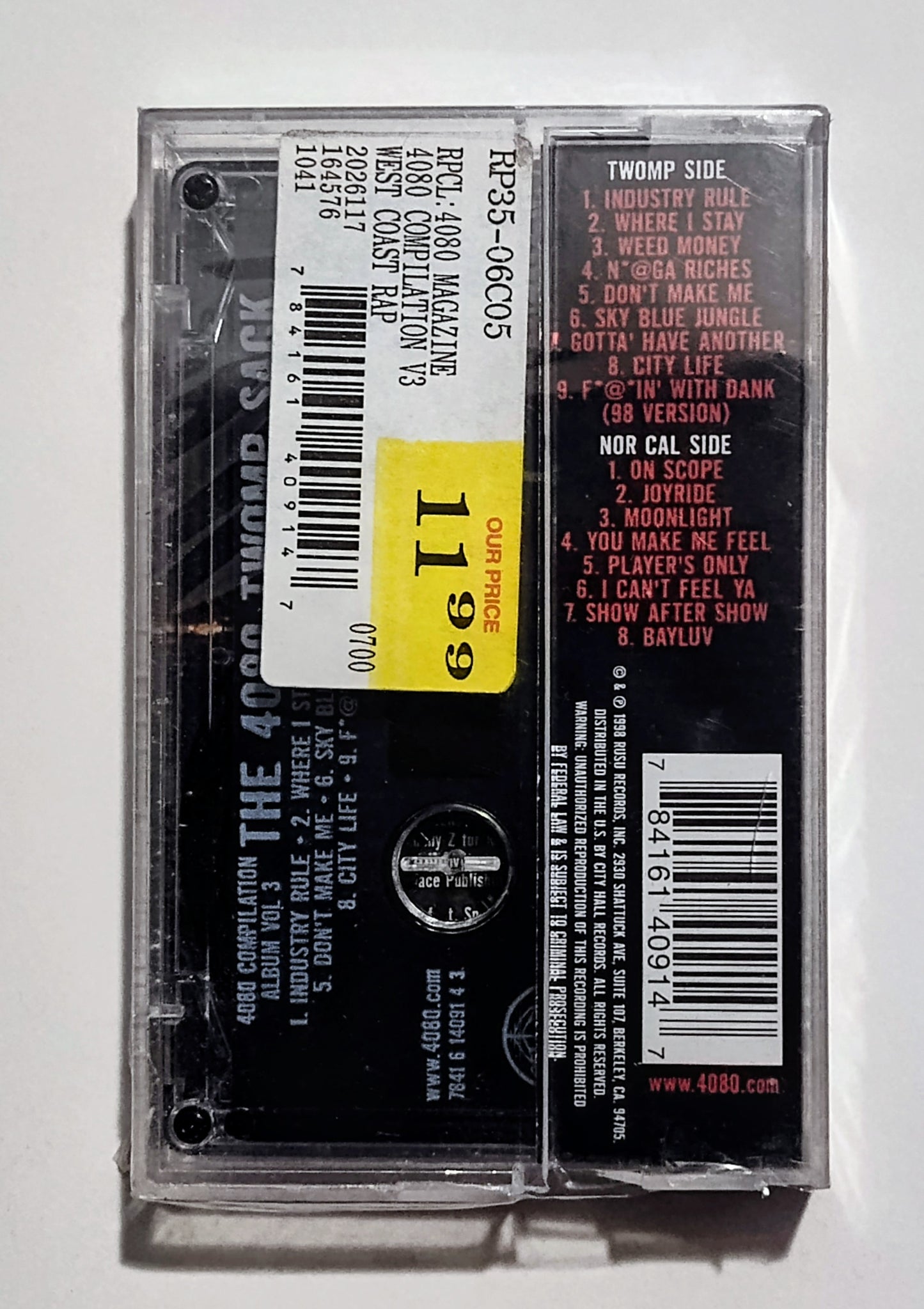 Various Artists - "4080 Hip Hop Magazine Compilation Album Vol 3: The Twomp Sack" - CASSETTE TAPE VG+/M (Sealed; broken case; broken seal)