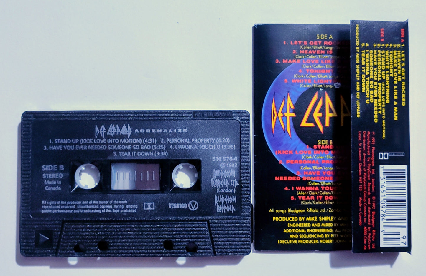 Def Leppard - "Adrenalize" - CASSETTE TAPE (Canada; black shell; Chrome; DOLBY HX PRO) VG+/VG+