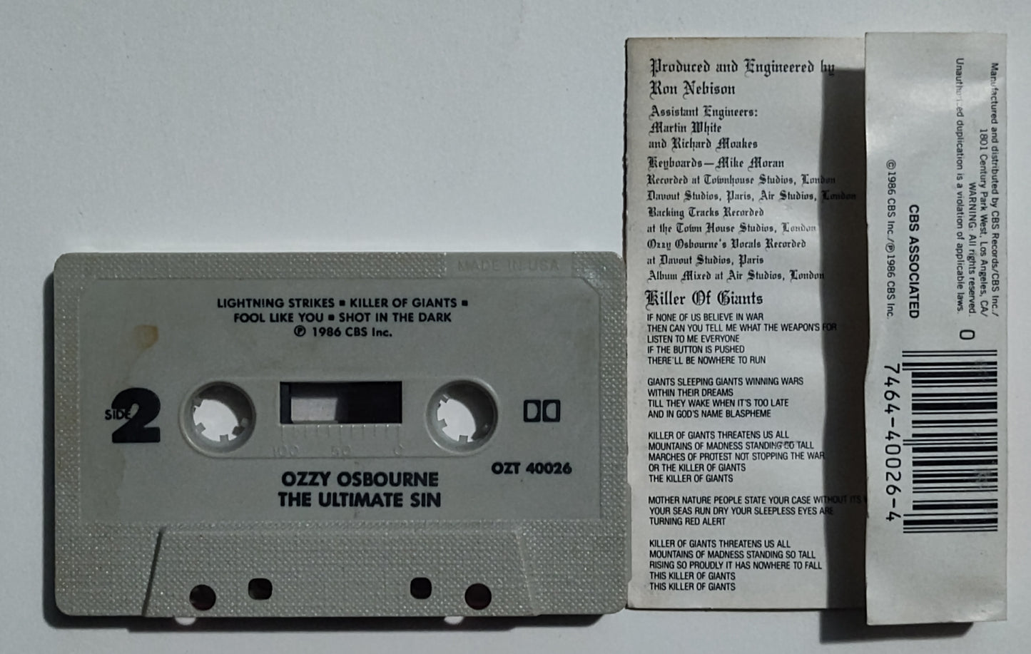 Ozzy Osbourne - "The Ultimate Sin" - CASSETTE TAPE (DOLBY) G/VG (Walter damaged j card)