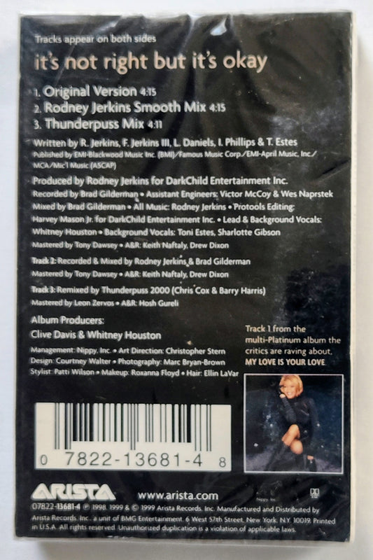 Whitney Houston - "It's Not Right But It's Okay" - CASSETTE TAPE (Single) VG+/M (Sealed; light shelf wear) *⭐*