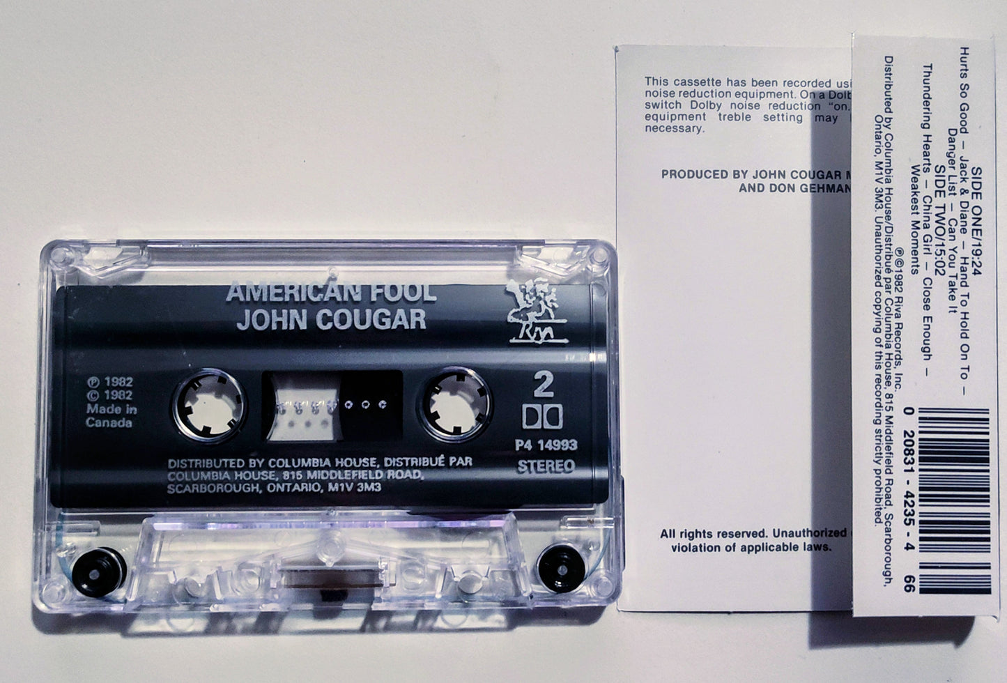 John Cougar - "American Fool" - CASSETTE TAPE (Columbia House; Canada; clear shell; DOLBY) VG+/VG+