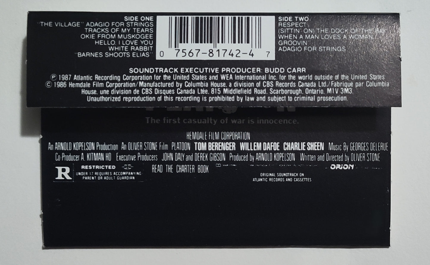 Various Artists - "Platoon Motion Picture Soundtrack And Songs From The Era" - CASSETTE TAPE (Canada; black shell; DOLBY HX PRO B NR) VG+/VG+