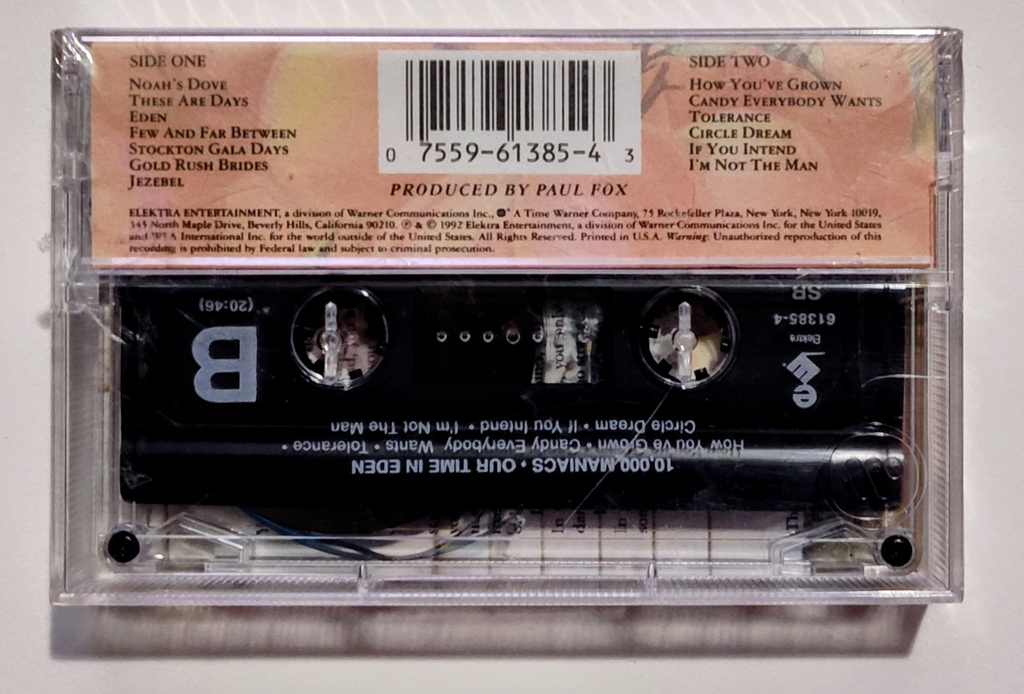 10,000 Maniacs - "Our Time In Eden" - CASSETTE TAPE VG+/M (Sealed w/ hype sticker; cracks on front and back of case)