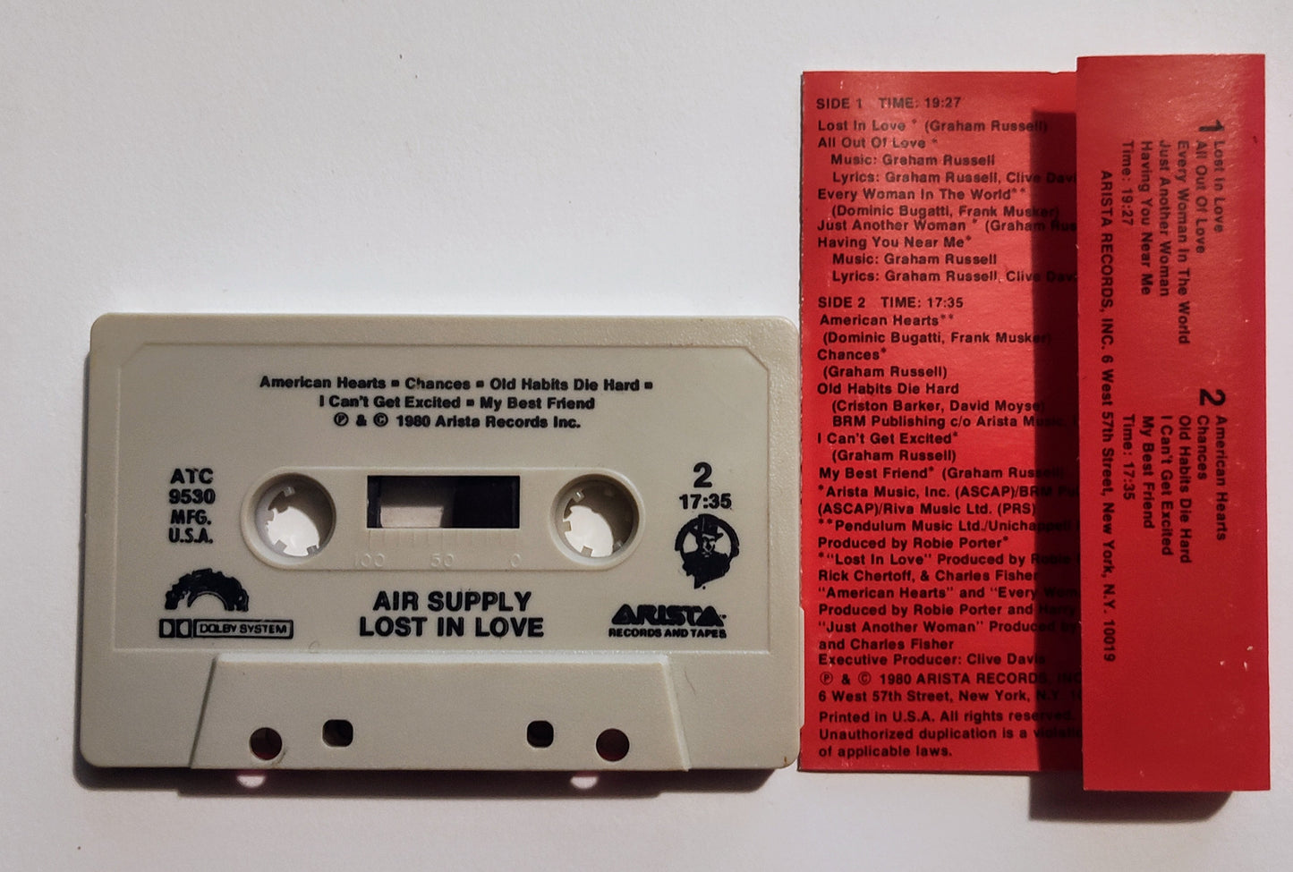 Air Supply - "Lost In Love" - CASSETTE TAPE (DOLBY) VG+/VG+ (Original Orange Case)