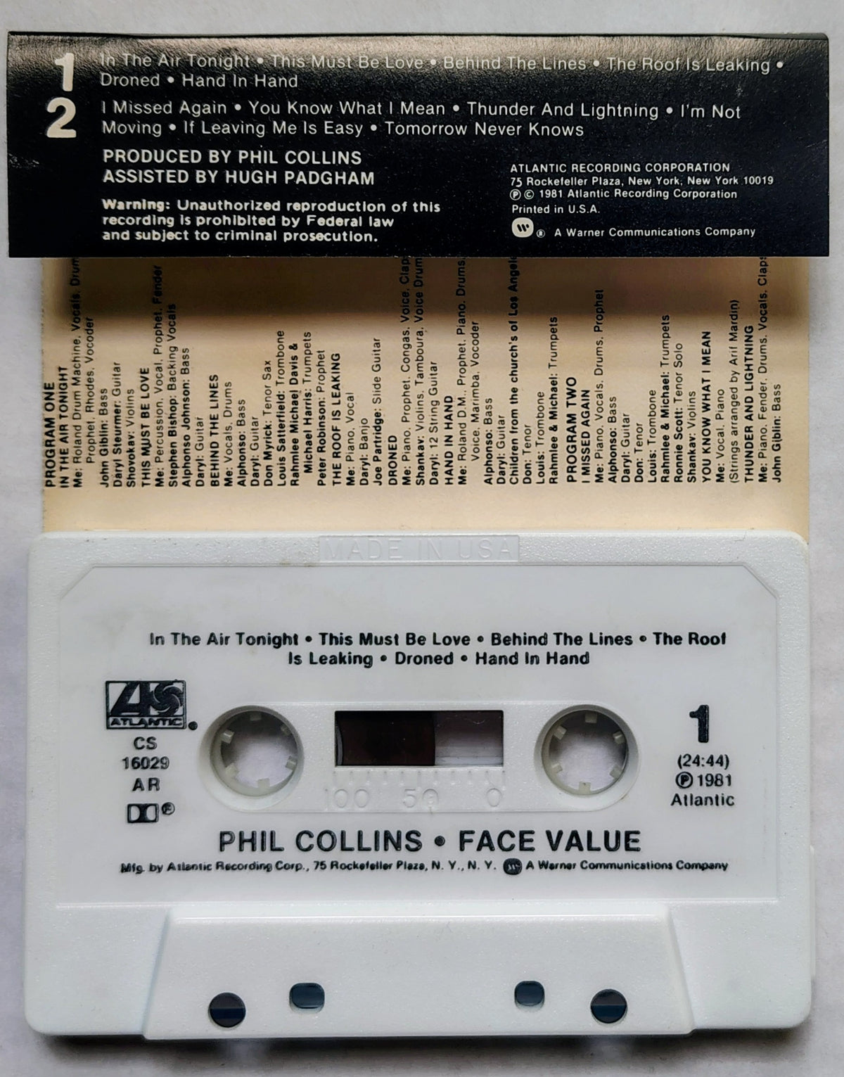 Phil Collins - "Face Value" - CASSETTE TAPE VG/VG