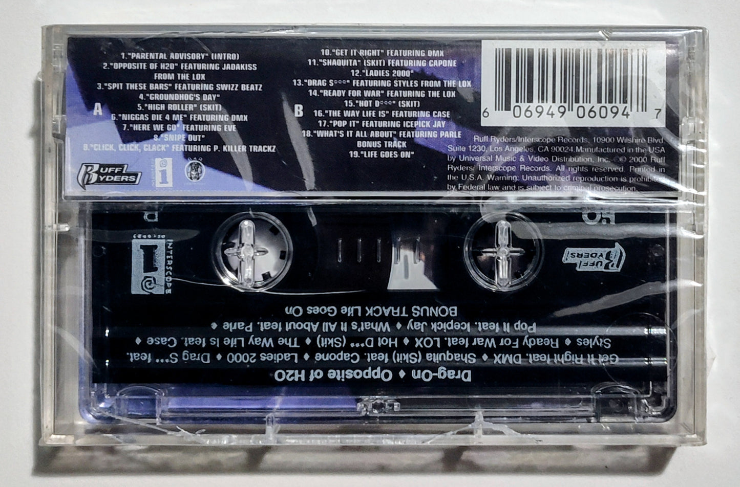 Drag-On - "Opposite Of H²O" - CASSETTE TAPE VG+/M (Sealed; badly cracked back of case)