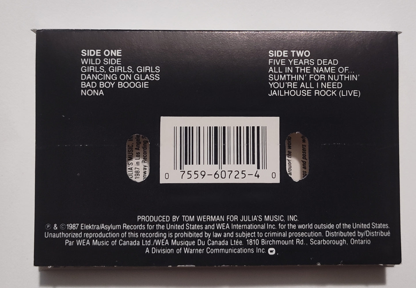 Mötley Crüe - "Girls, Girls, Girls" - CASSETTE TAPE (Canada; Black shell; DOLBY HX PRO B NR) VG+/VG