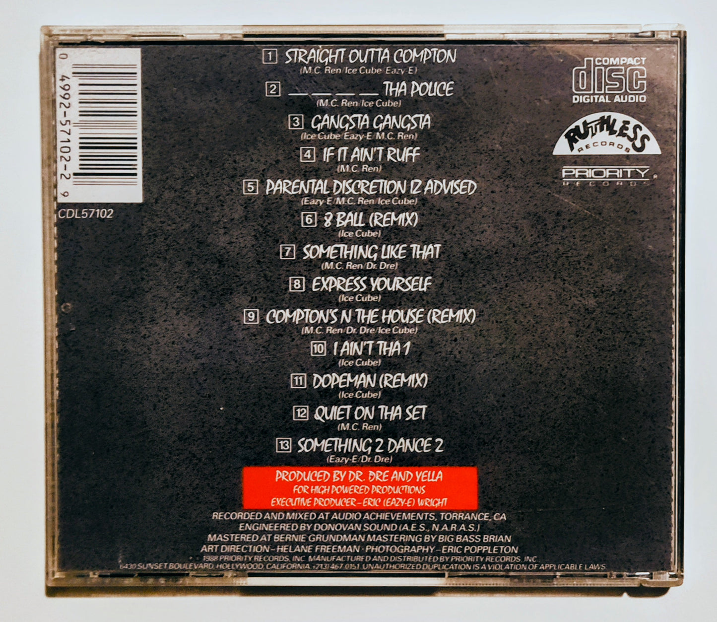 N.W.A. - "Straight Outta Compton" - COMPACT DISC VG+/G+