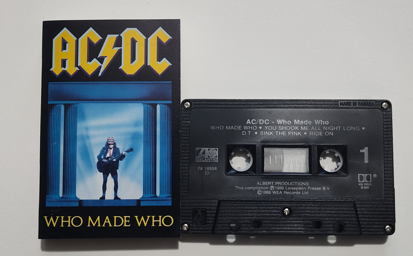 AC/DC - "Who Made Who (Maximum Overdrive Soundtrack)" - CASSETTE TAPE (Canada; black shell; DOLBY HX PRO B NR) VG/VG