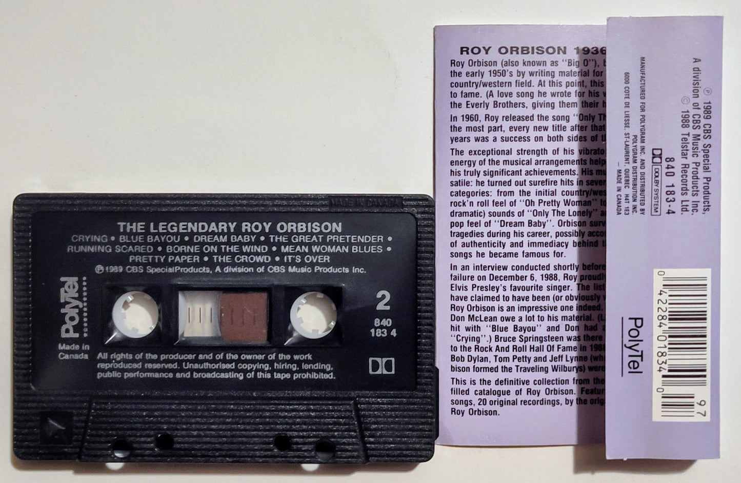 Roy Orbison - "20 Greatest Hits" - CASSETTE TAPE (Canada; black shell; DOLBY) VG+/VG+