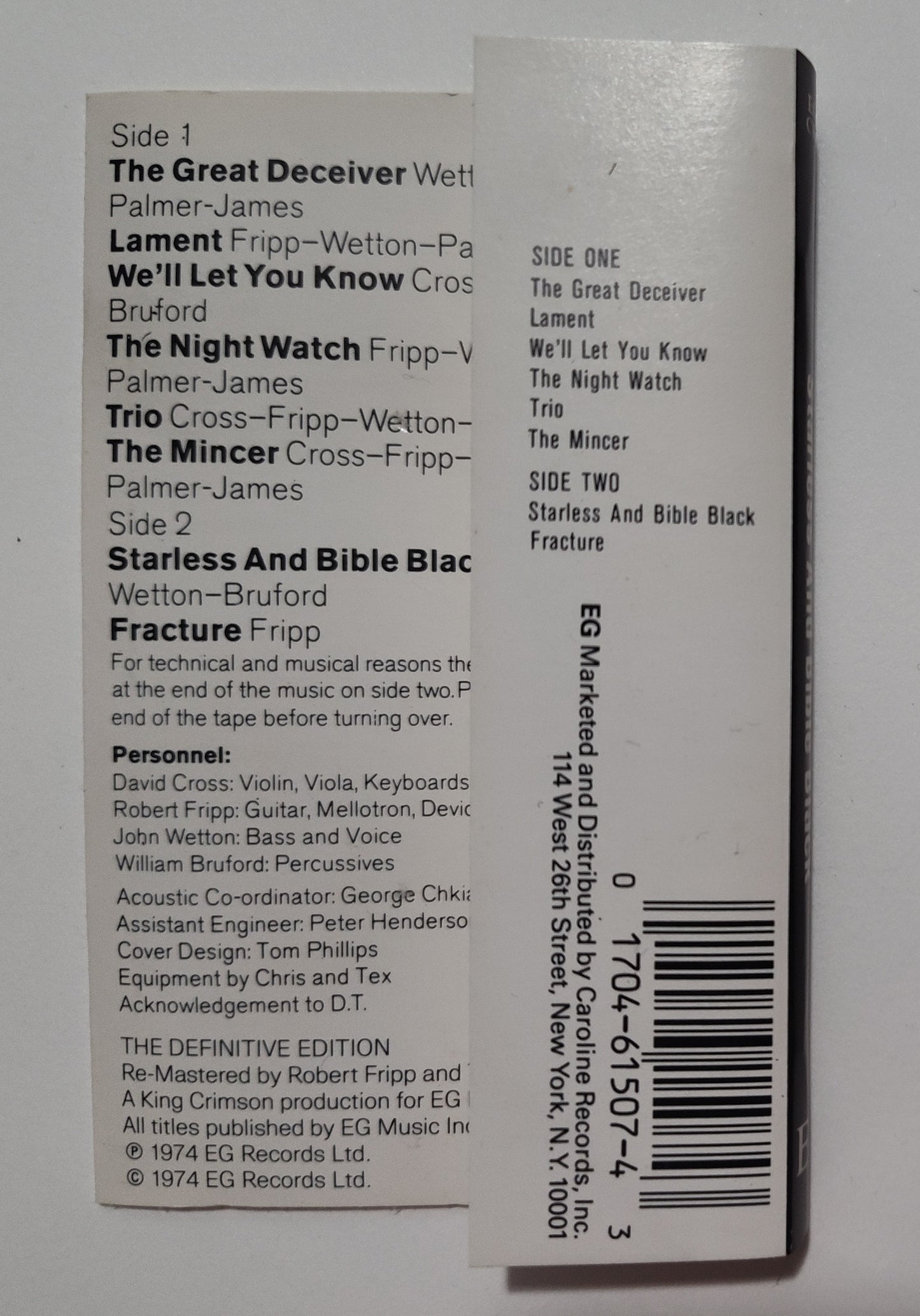 King Crimson - "Starless And Bible Black" - CASSETTE TAPE (Black shell; Chrome; DOLBY Stereo) VG+/VG+
