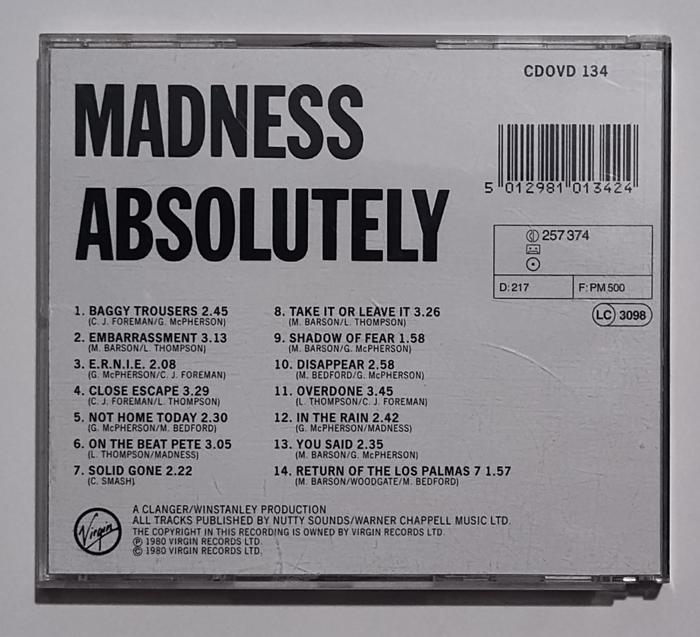 Madness - "Absolutely" - COMPACT DISC VG+/VG+
