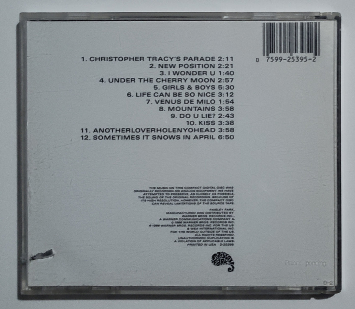 Prince And The Revolution - "Parade (Soundtrack from the Motion Picture Under The Cherry Moon)" - COMPACT DISC VG/VG