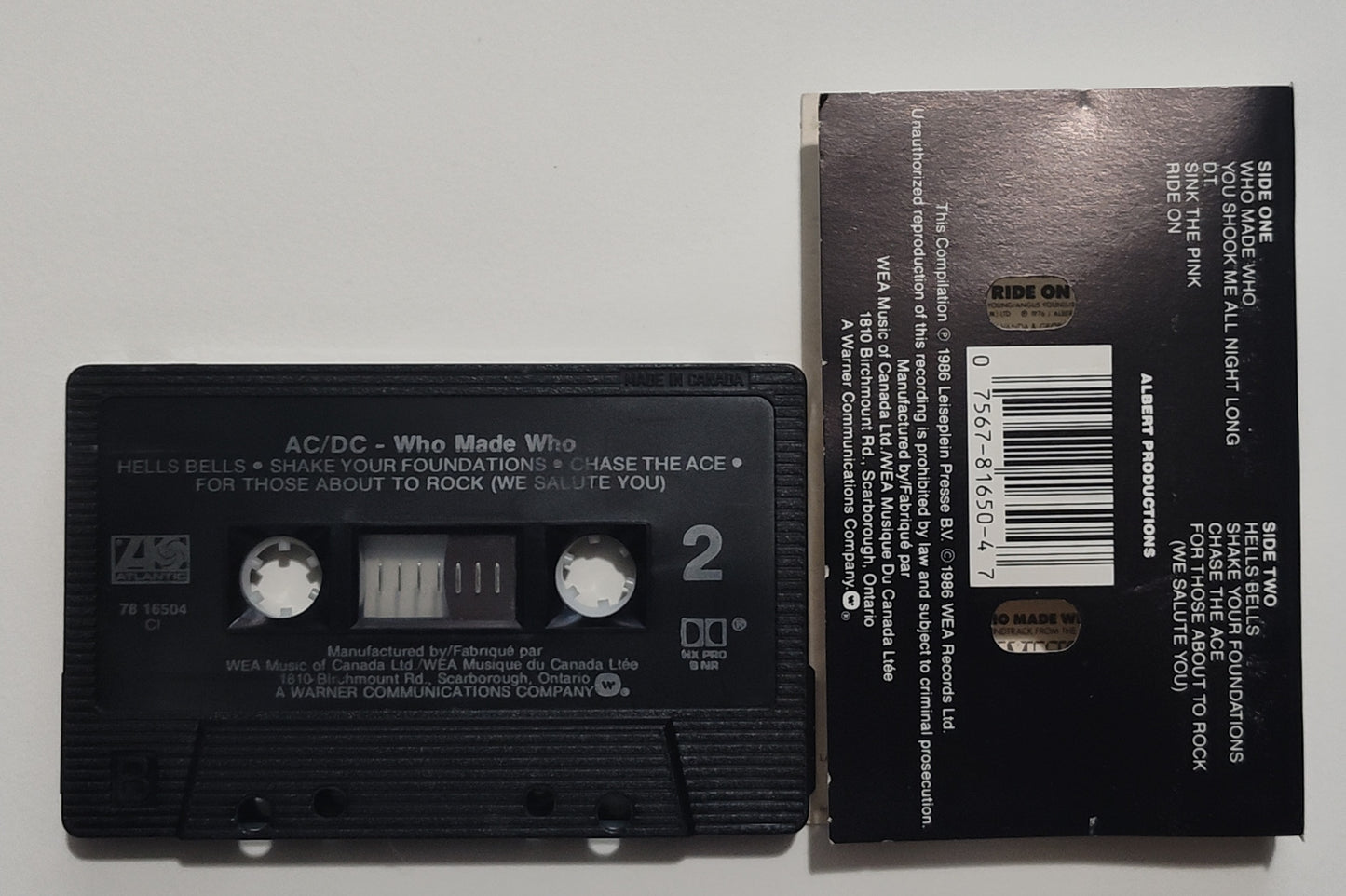 AC/DC - "Who Made Who (Maximum Overdrive Soundtrack)" - CASSETTE TAPE (Canada; black shell; DOLBY HX PRO B NR) VG/VG