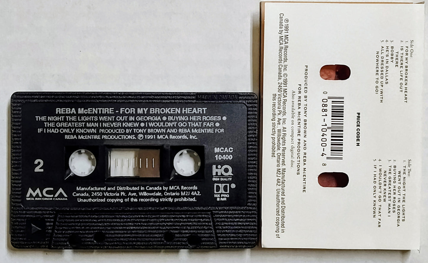 Reba McEntire - “For My Broken Heart” - CASSETTE TAPE (Canada; black shell) VG/VG+