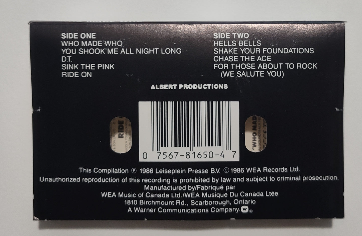AC/DC - "Who Made Who (Maximum Overdrive Soundtrack)" - CASSETTE TAPE (Canada; black shell; DOLBY HX PRO B NR) VG/VG