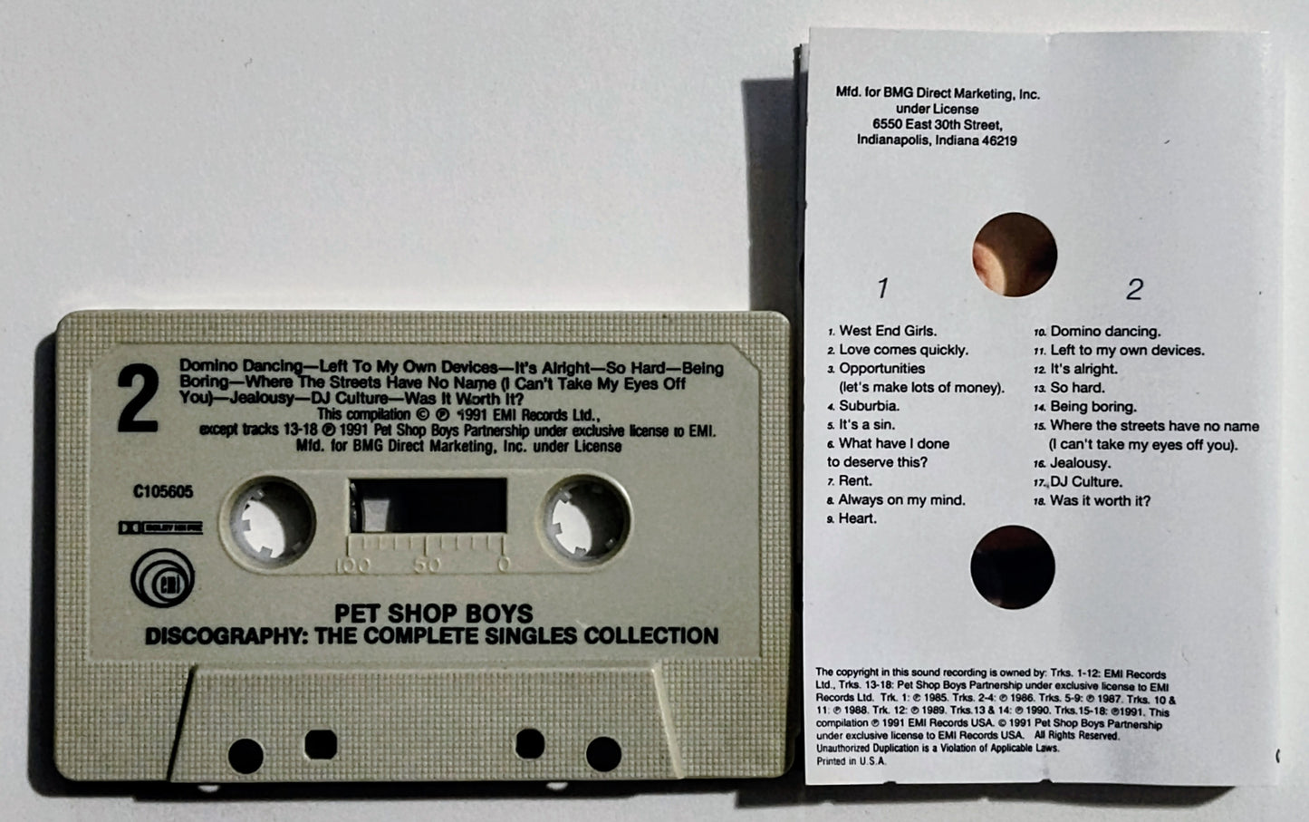 Pet Shop Boys - "Discography: The Complete Singles Collection" - CASSETTE TAPE (BMG Club) VG+/VG+