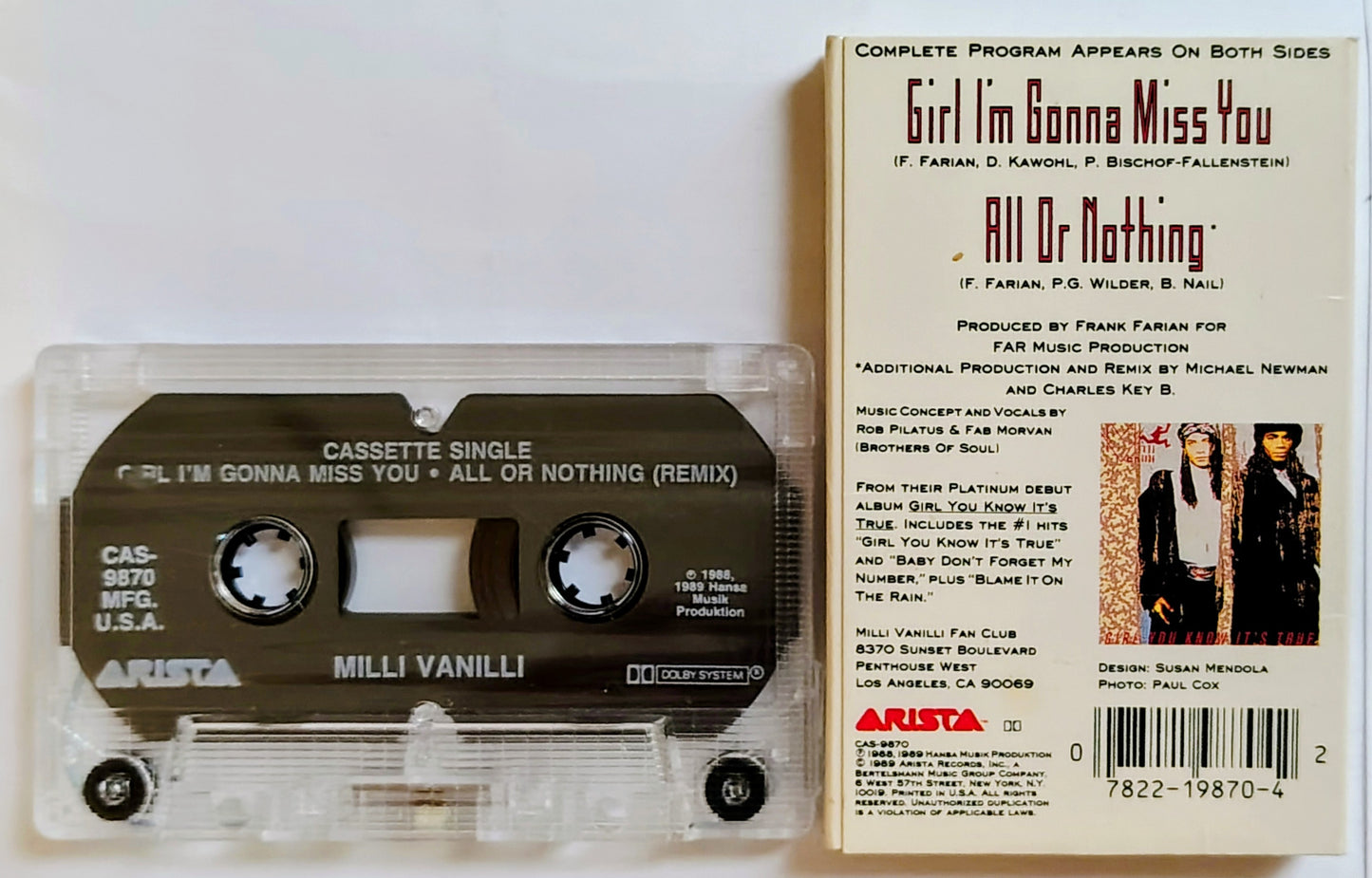 Milli Vanilli - “Girl I’m Gonna Miss You” - CASSETTE TAPE (Single) VG/VG+