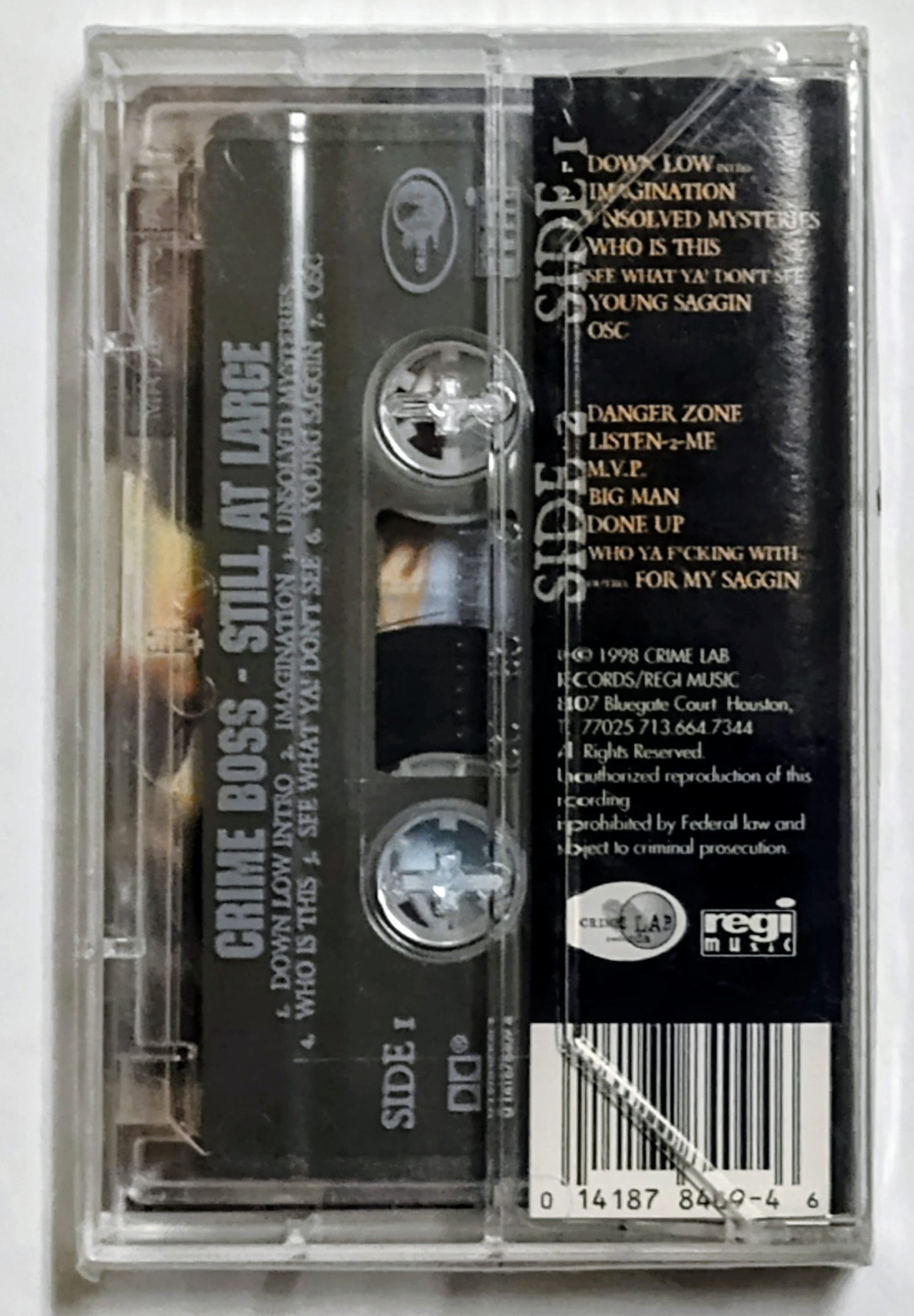 Crime Boss- "Still At Large" - CASSETTE TAPE NM/M (Sealed; cracked case)