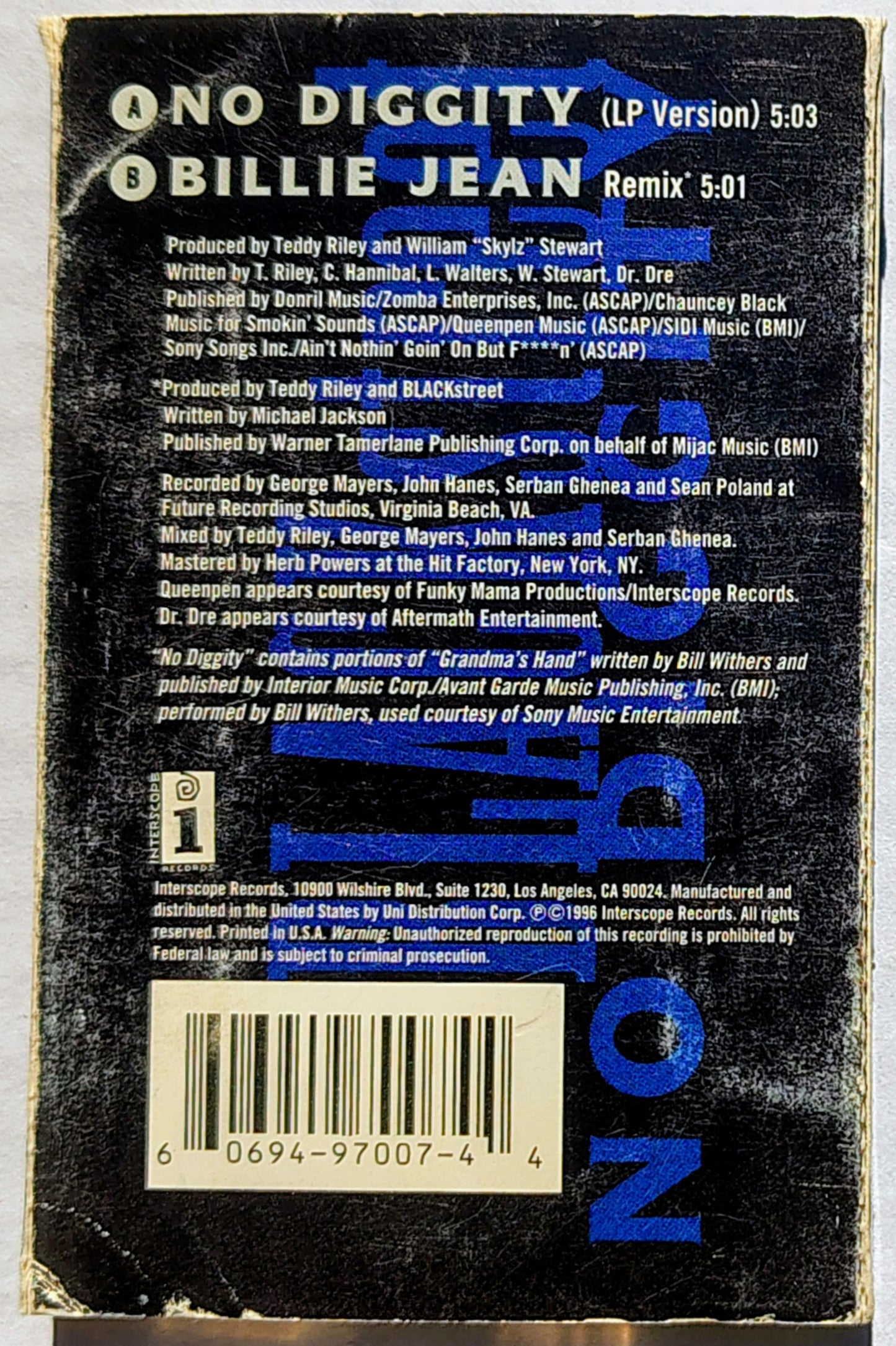 BLACKstreet - "No Diggity" CASSETTE TAPE (Single) G+/G+