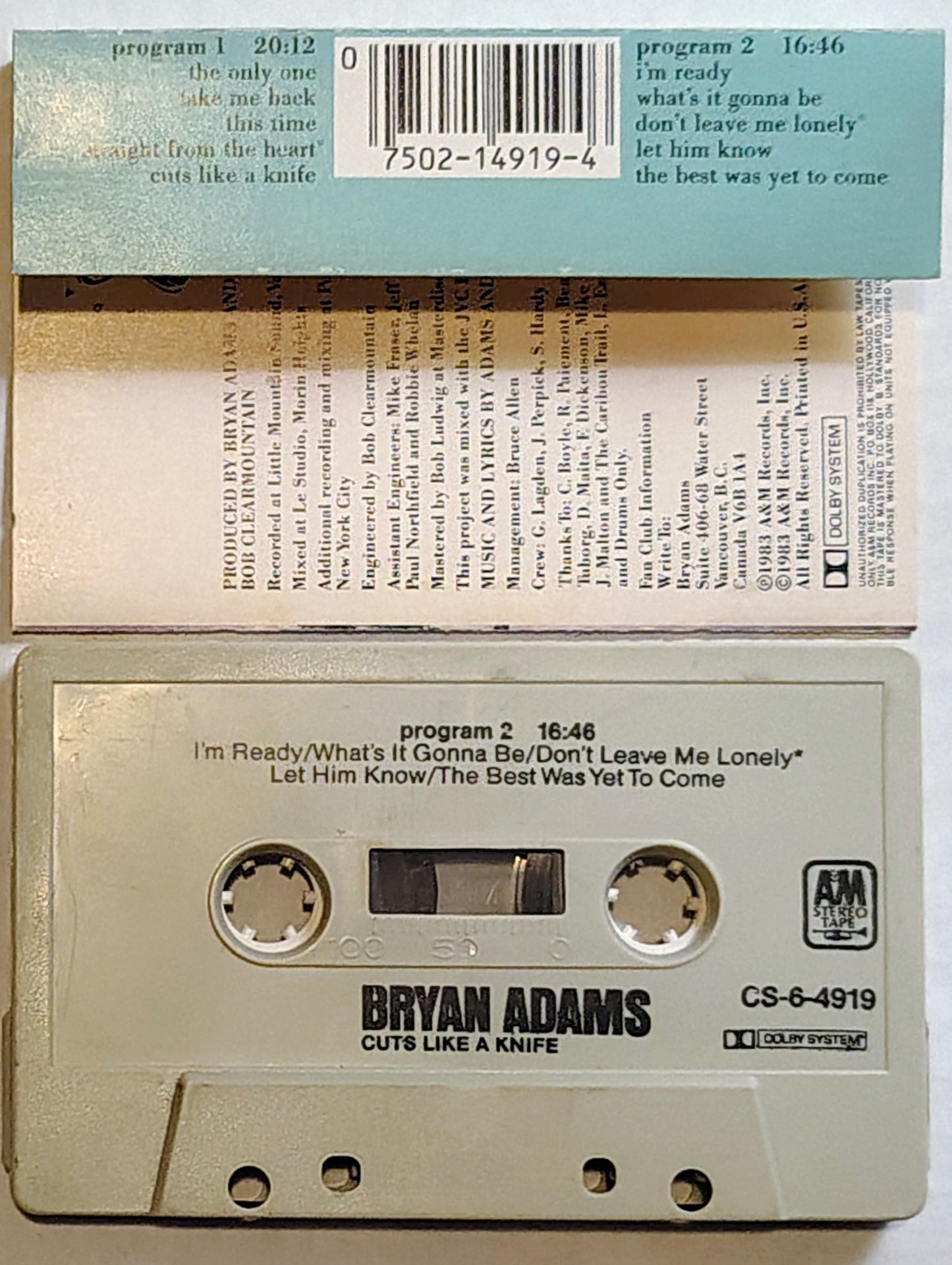 Bryan Adams - “Cuts Like A Knife” - CASSETTE TAPE VG+/VG