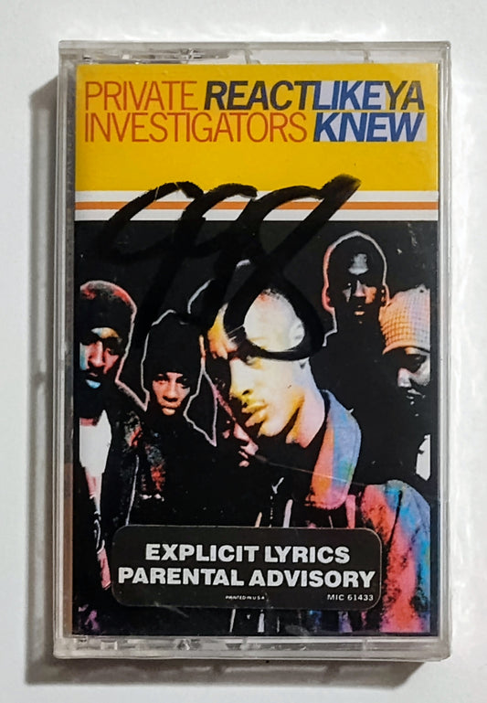 Private Investigators - "Re-act Like Ya Knew" - CASSETTE TAPE NM/M (Price written on cellophane with marker; can be removed with alcohol)
