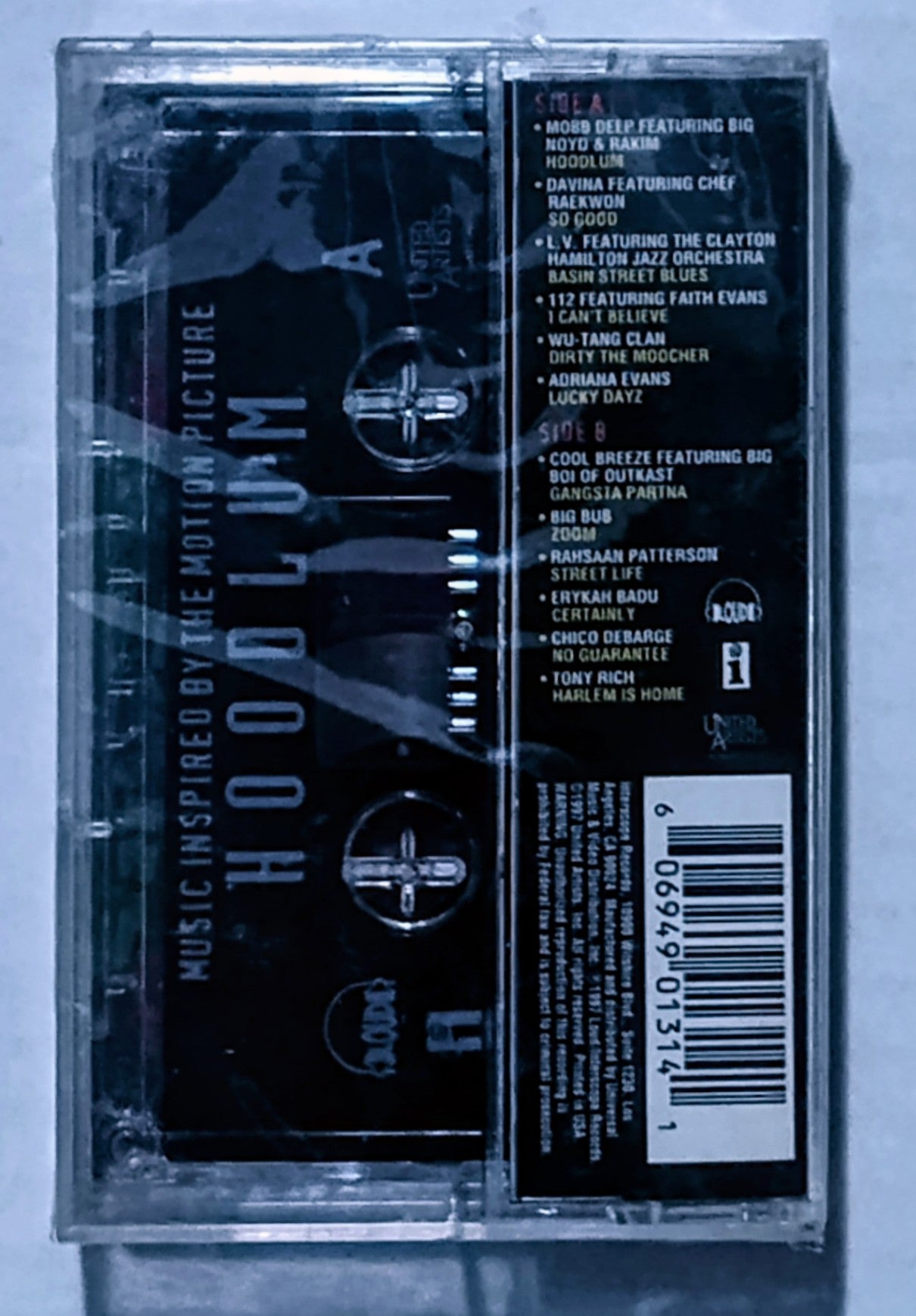 Various Artists - “Hoodlum Soundtrack” - CASSETTE TAPE NM/M (Sealed with worn hype sticker; loose seal; cracked cover)