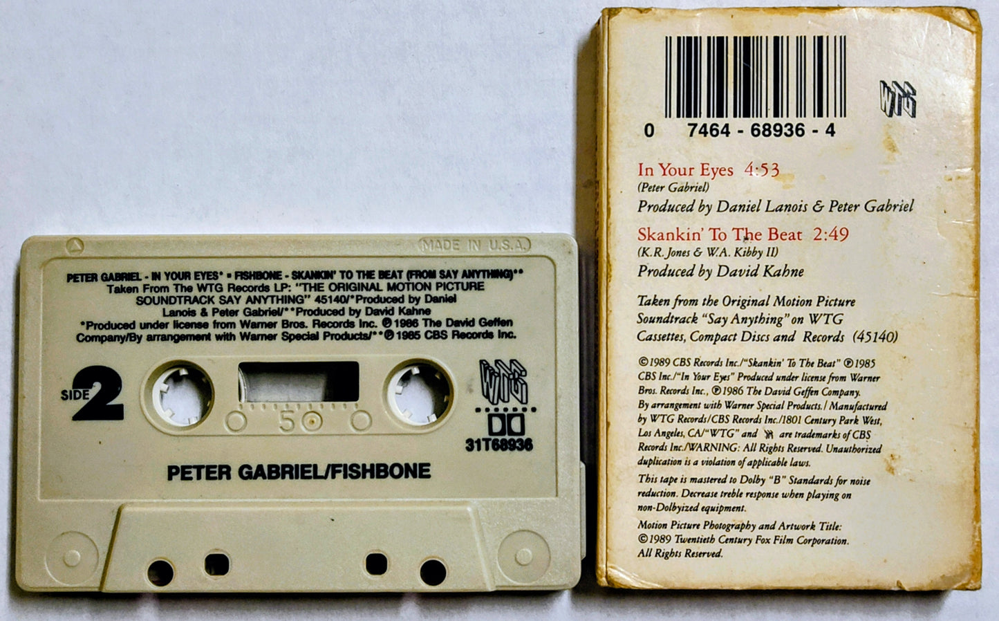 Peter Gabriel/ Fishbone - “In Your Eyes/ Skankin’ To The Beat” - CASSETTE TAPE (Single) G+/VG