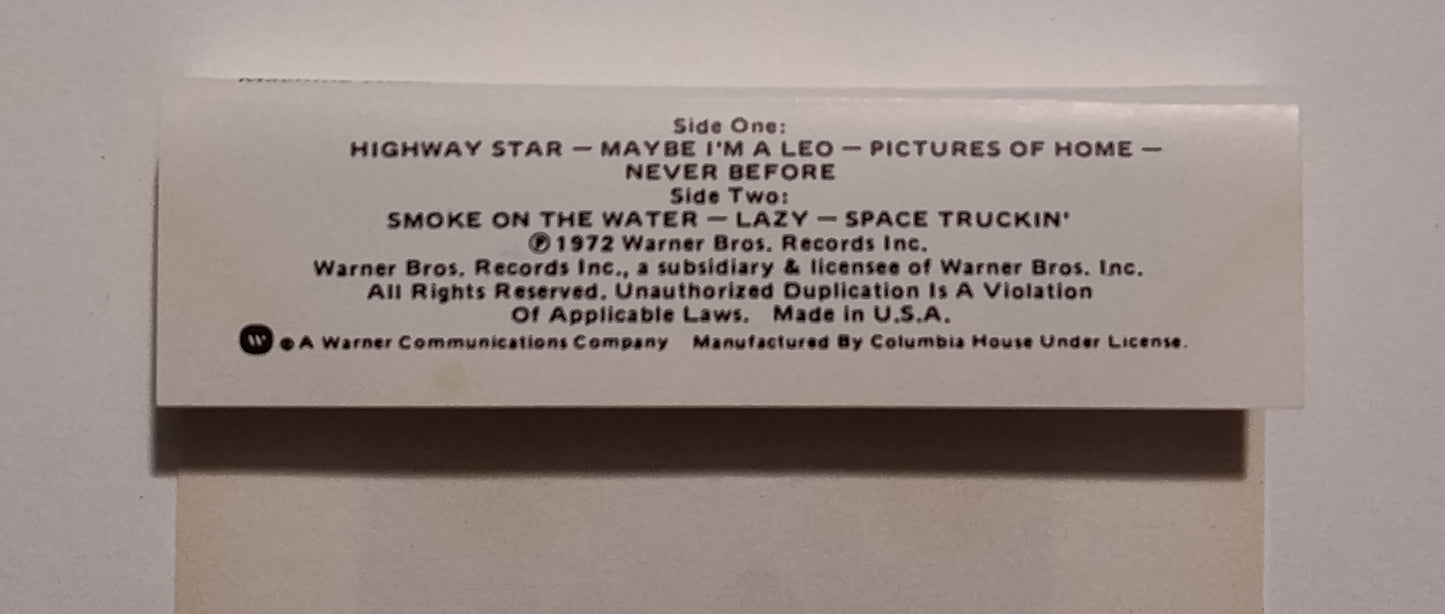 Deep Purple - "Machine Head" - CASSETTE TAPE (Columbia House) VG+/VG+
