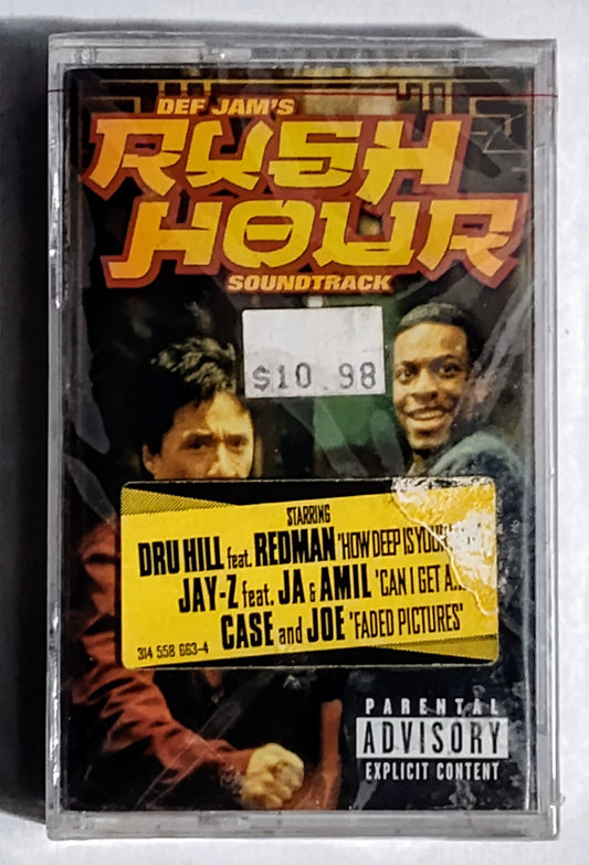 Various Artists - “Rush Hour Soundtrack” - CASSETTE TAPE NM/M (Sealed with beat-up hype sticker; tiny crack on back of case; cracked spine)