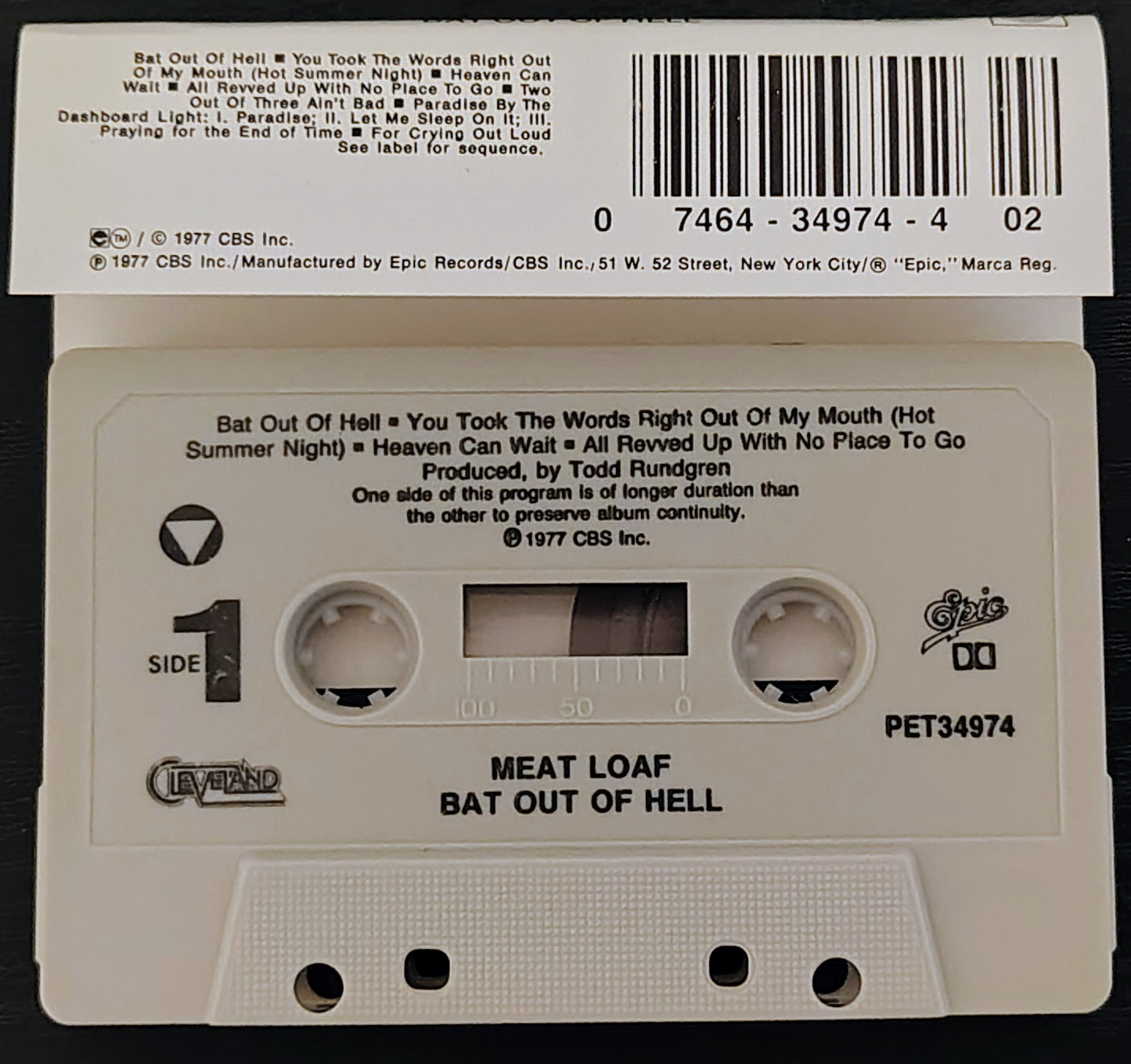 Meat Loaf - "Bat Out Of Hell" - CASSETTE TAPE VG+/VG