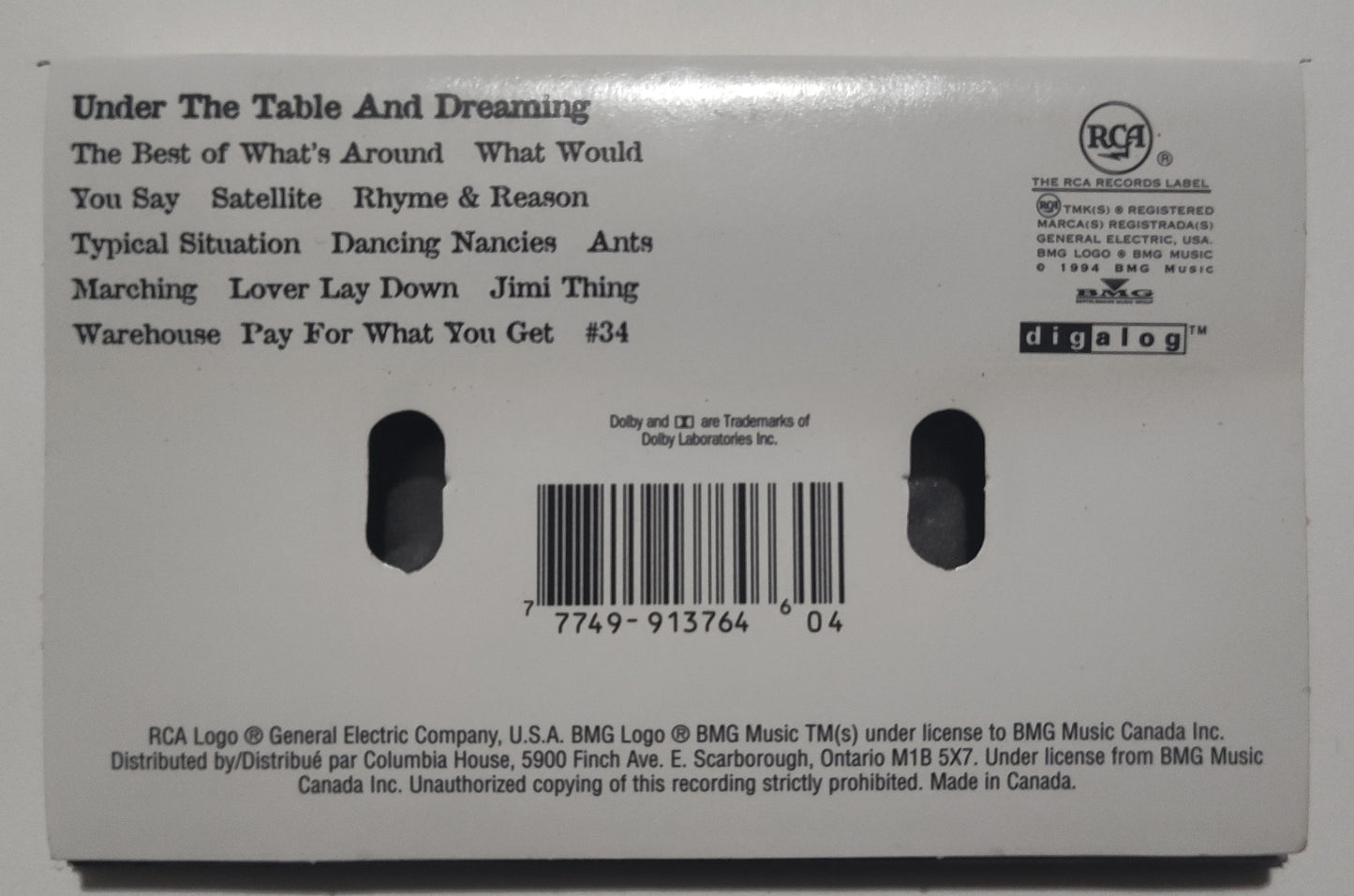 Dave Matthews Band - "Under The Table And Dreaming" - CASSETTE TAPE (Canada; black shell; DOLBY) VG/VG+