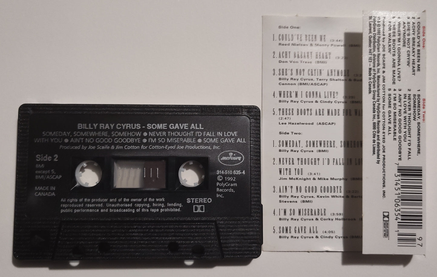 Billy Ray Cyrus - "Some Gave All" - CASSETTE TAPE (Canada; black shell; DOLBY HX PRO) VG+/VG+