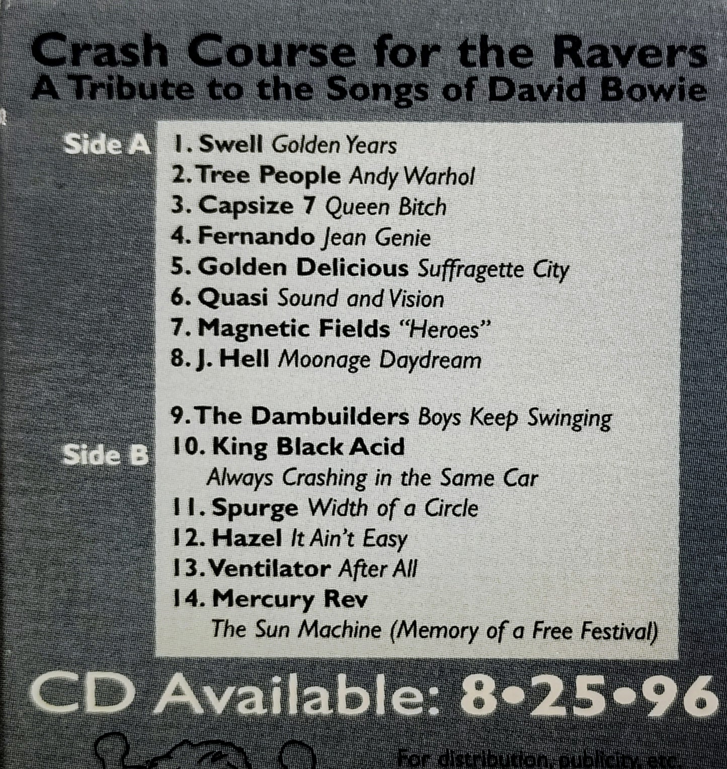 Various Artists - “Crash Course For The Ravers: A Tribute To The Songs Of David Bowie (Undercover Records)” - INDIE CASSETTE TAPE VG/VG+