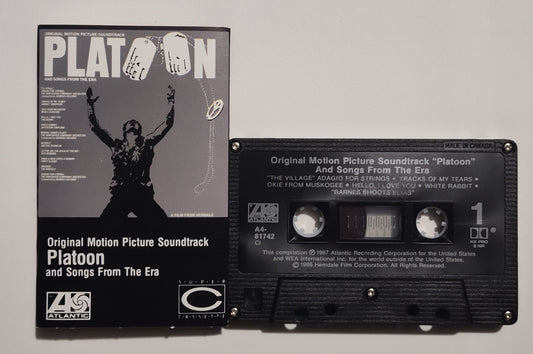 Various Artists - "Platoon Motion Picture Soundtrack And Songs From The Era" - CASSETTE TAPE (Canada; black shell; DOLBY HX PRO B NR) VG+/VG+
