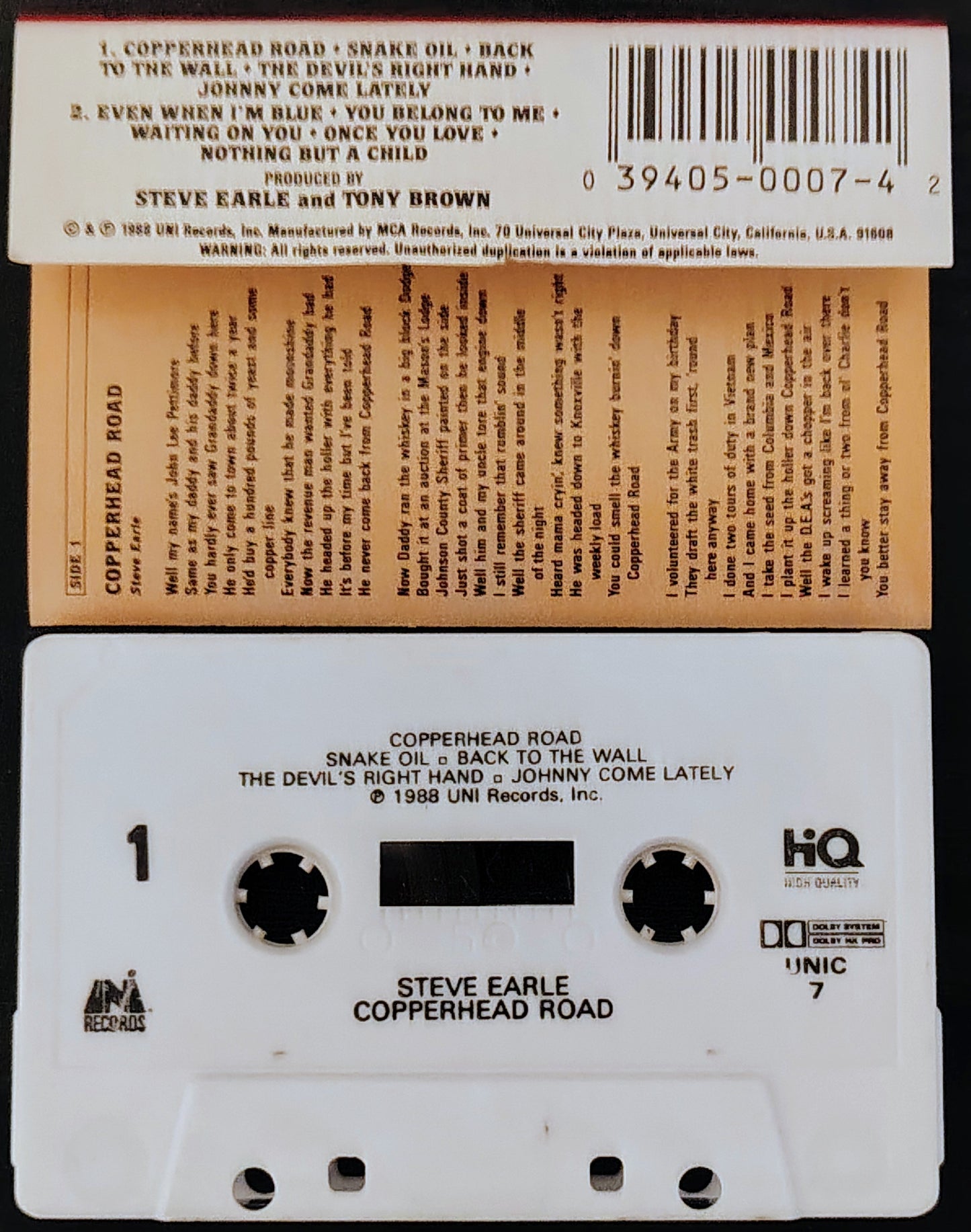 Steve Earle - “Copperhead Road” - CASSETTE TAPE VG/VG+