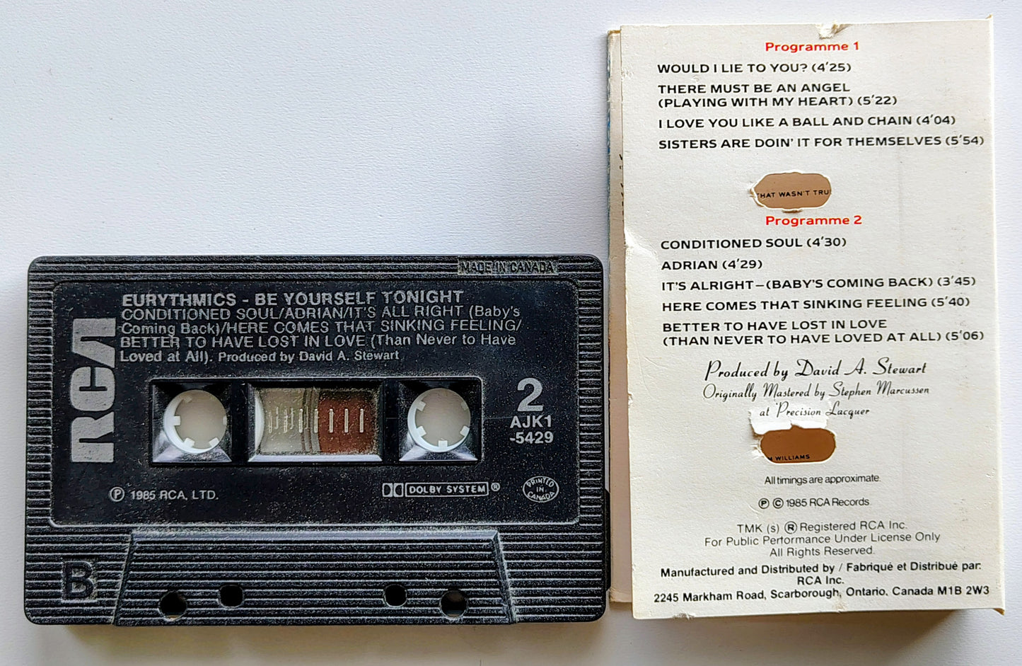 Eurythmics - “Be Yourself Tonight” - CASSETTE TAPE (Canada; black shell) G+/VG (Ripped inner j card)