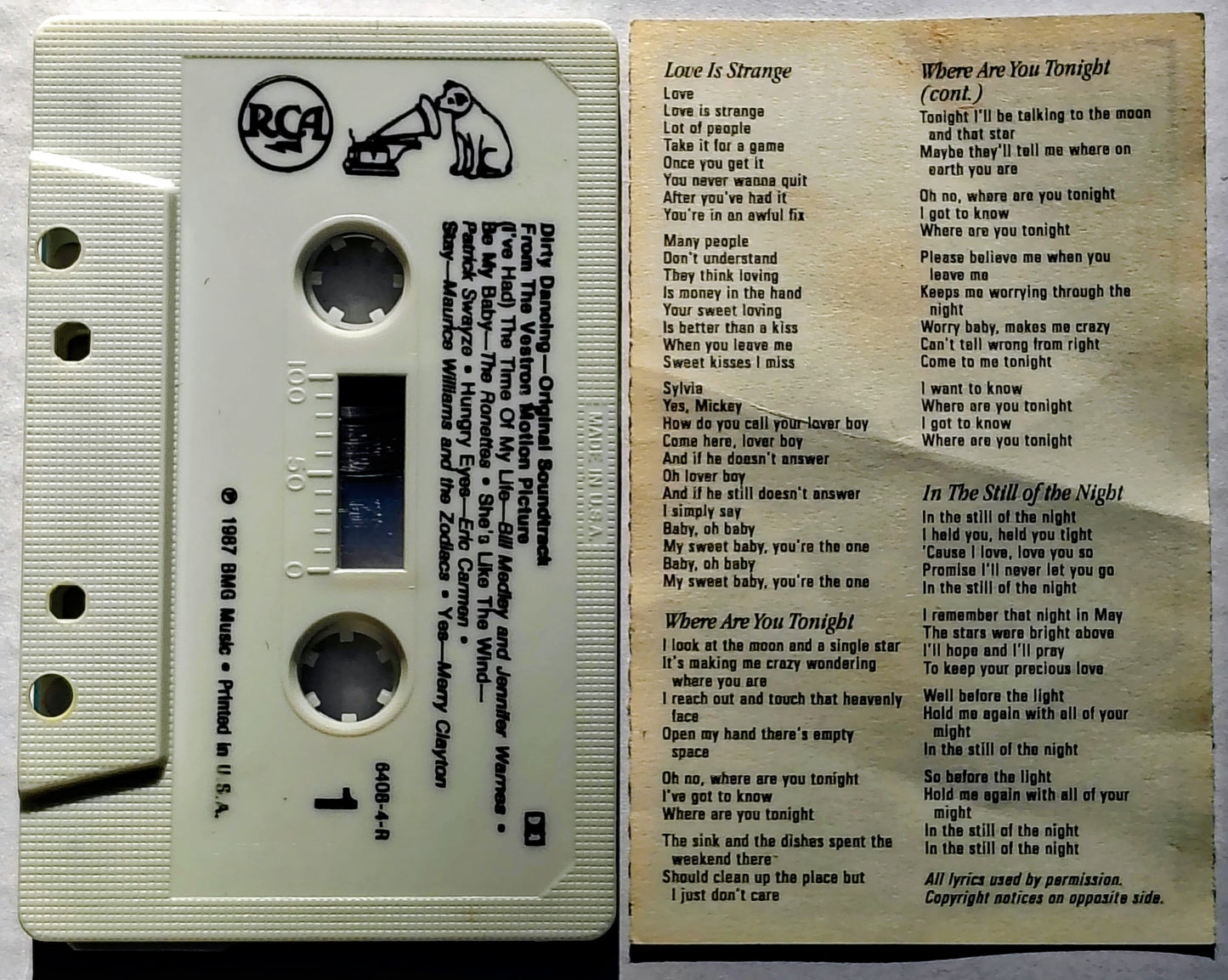 Various Artists - “Dirty Dancing Soundtrack” - CASSETTE TAPE BMG) POOR/VG+ (Damaged j-card: only includes cover section; Actual version not listed on Discogs)