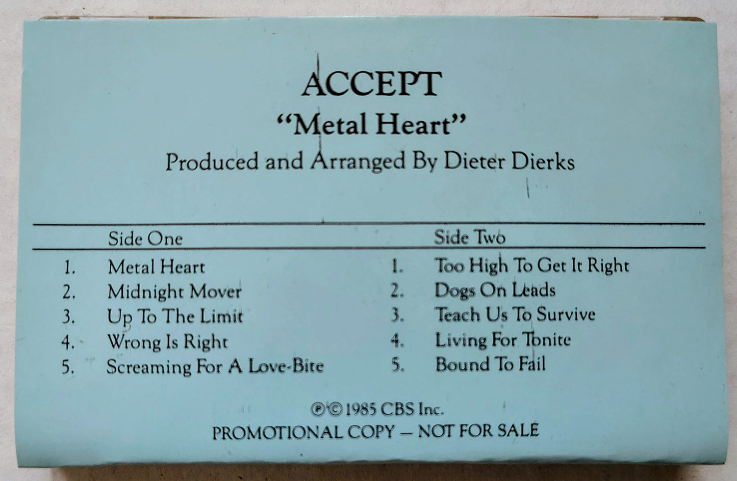 Accept - "Metal Heart (PROMO VERSION; RARE!)" - CASSETTE TAPE VG+/VG+