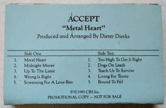 Accept - "Metal Heart (PROMO VERSION; RARE!)" - CASSETTE TAPE VG+/VG+