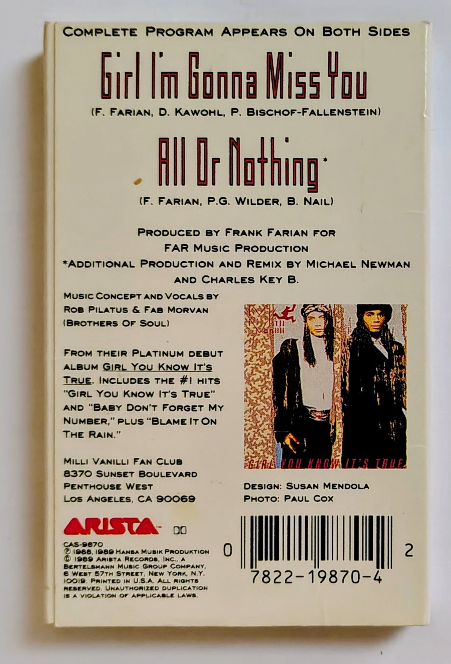 Milli Vanilli - “Girl I’m Gonna Miss You” - CASSETTE TAPE (Single) VG/VG+