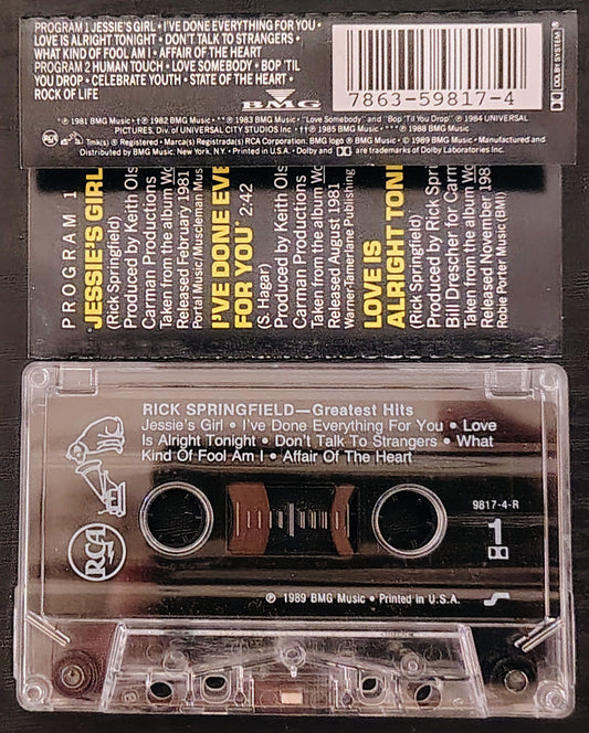 Rick Springfield - “Rick Springfield's Greatest Hits” - CASSETTE TAPE VG+/VG+