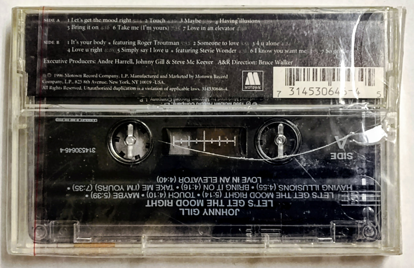 Johnny Gill - “Let’s Get The Mood Right” - CASSETTE TAPE VG+/M (Sealed; loose cellophane; badly cracked back of case; crack in spine)
