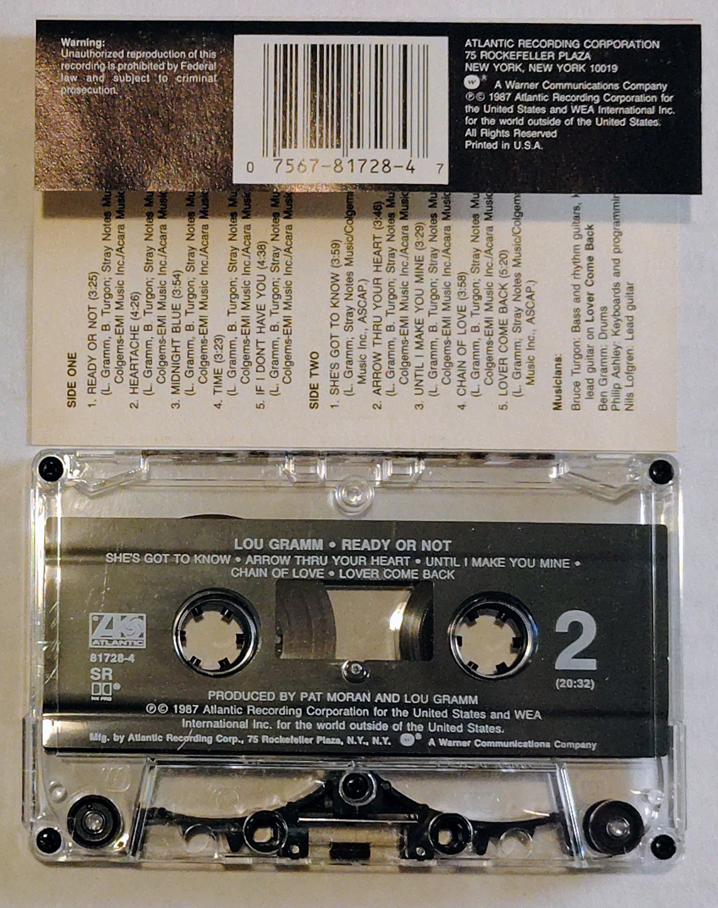Lou Gramm - “Ready Or Not” - CASSETTE TAPE VG+/VG+